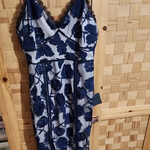 Lulu's Navy and White Floral Lace Midi Dress